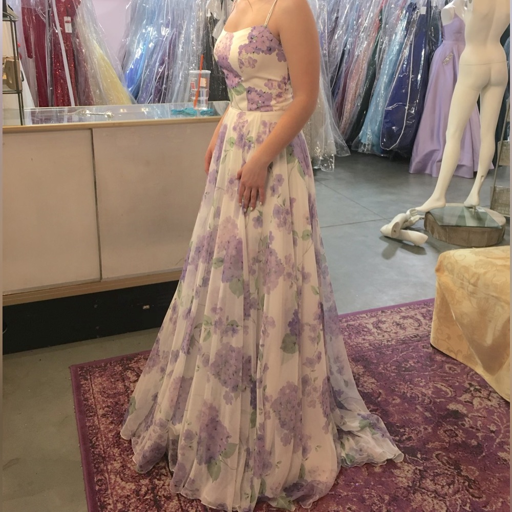 Sherri Hill Flowy Lilac Print Laced Up Back Prom Dress